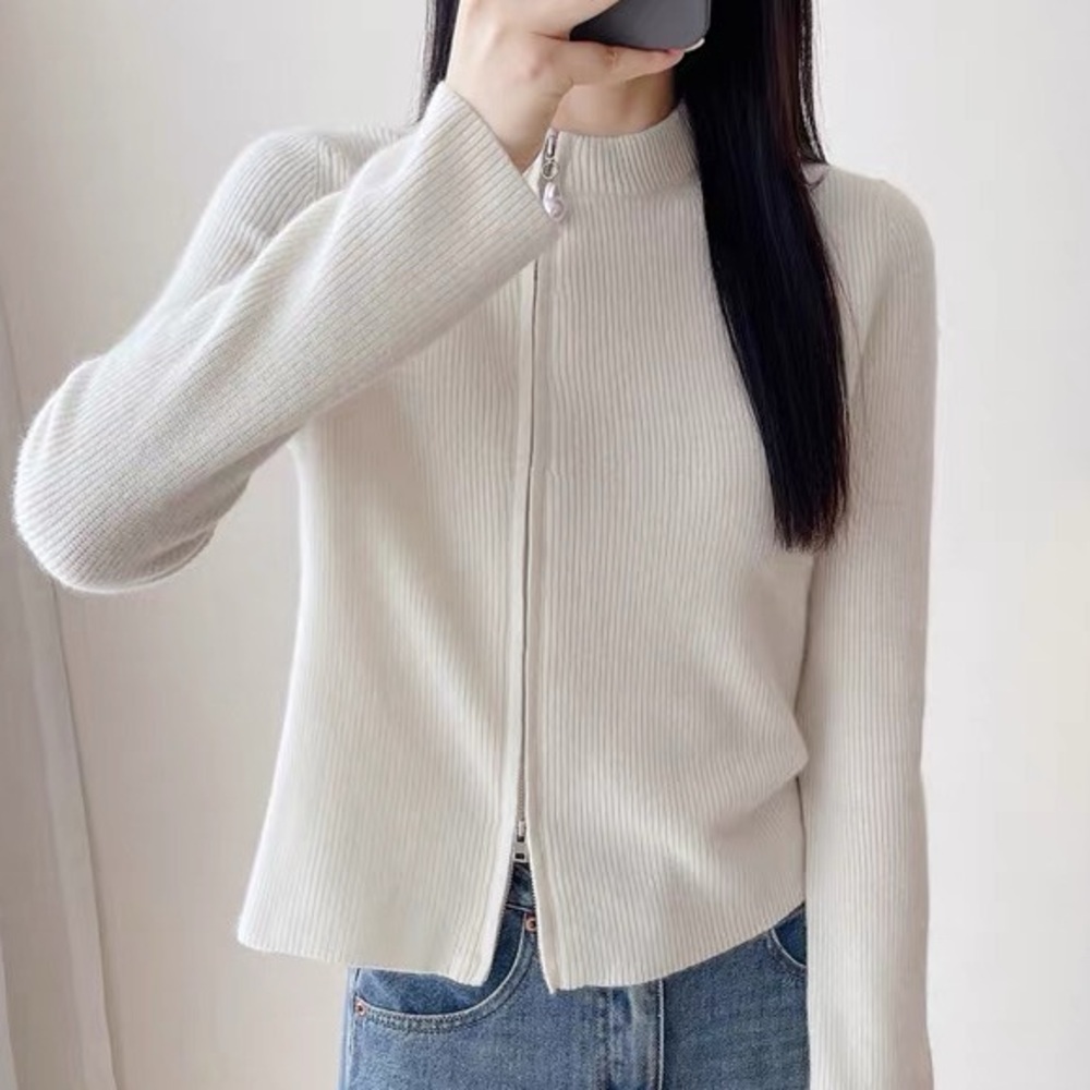 Cream Ribbed Zip-Front Knit Sweater